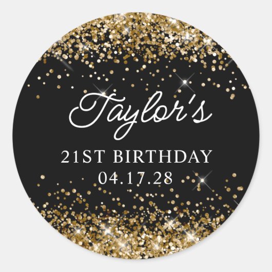 Gold Glitzer und Black 21. Geburtstag Runder Aufkleber (Vorderseite)