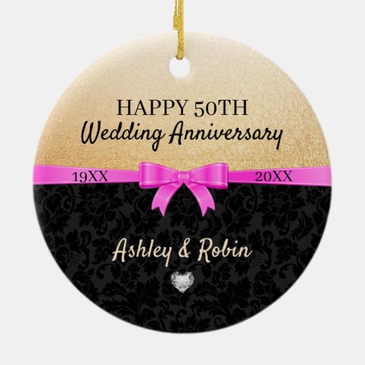 Gold-Glitzer und Black Damask Keramik Ornament (Hinten)