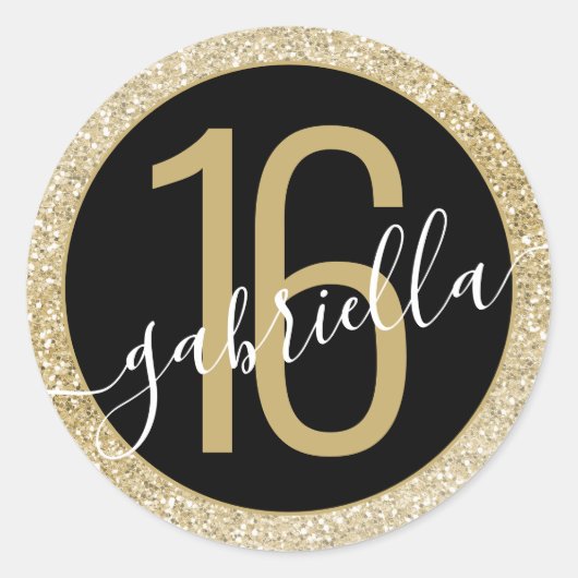 Gold Glitzer und Black Personalisiert Birthday Runder Aufkleber (Vorderseite)