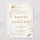 Gold Glitzer und Blätter auf Weiß mit weißem Rücke Einladung (Vorderseite)