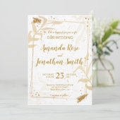 Gold Glitzer und Blätter auf Weiß mit weißem Rücke Einladung (Stehend Vorderseite)