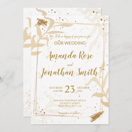 Gold Glitzer und Blätter auf Weiß mit weißem Rücke Einladung (Vorne/Hinten)