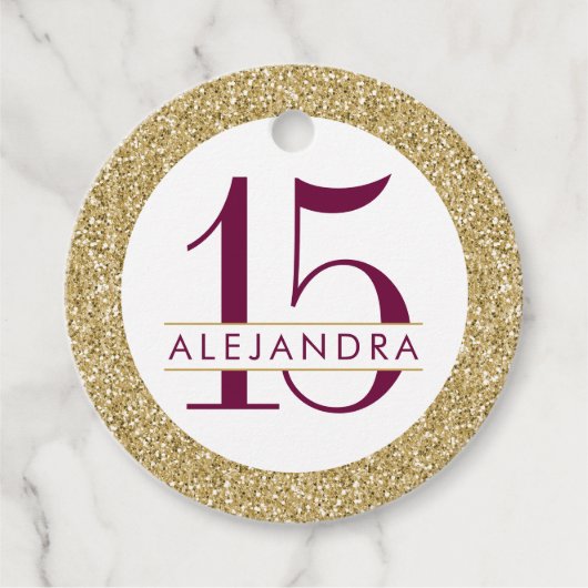 Gold Glitzer und Burgund Maroon Quince Años Geschenkanhänger (Vorderseite)