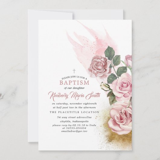 Gold Glitzer und Dusty Rose Taufe Girls Einladung (Vorderseite)