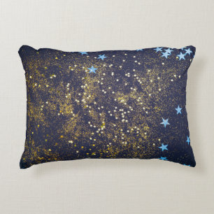 Gold Glitzer und glitzernde blaue Sterne auf schwa Dekokissen