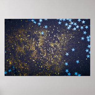 Gold Glitzer und glitzernde blaue Sterne auf schwa Poster