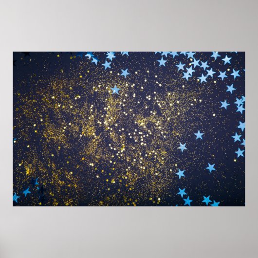 Gold Glitzer und glitzernde blaue Sterne auf schwa Poster (Vorne)
