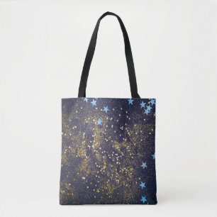 Gold Glitzer und glitzernde blaue Sterne auf schwa Tasche