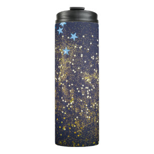 Gold Glitzer und glitzernde blaue Sterne auf schwa Thermosbecher