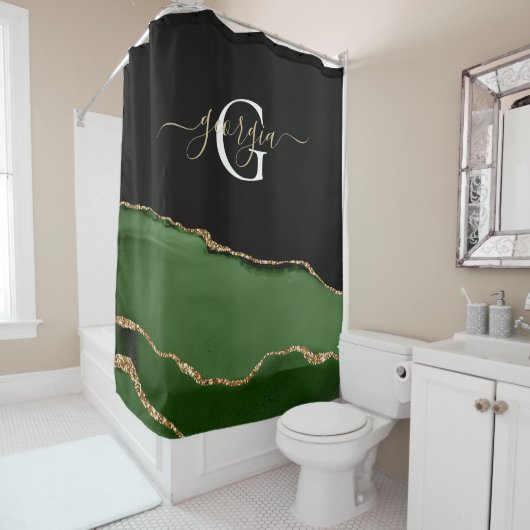Gold-Glitzer und Green-Agate-Monogramm Duschvorhang (Beispiel)