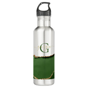 Gold-Glitzer und Green-Agate-Monogramm Edelstahlflasche