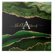 Gold-Glitzer und Green-Agate-Monogramm Fliese (Vorderseite)