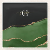 Gold-Glitzer und Green-Agate-Monogramm Glasuntersetzer (Vorderseite)