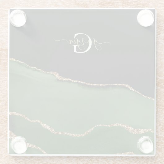 Gold-Glitzer und Green-Agate-Monogramm Glasuntersetzer (Rückseite)