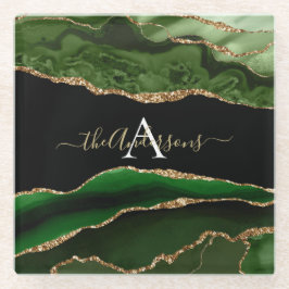 Gold-Glitzer und Green-Agate-Monogramm Glasuntersetzer