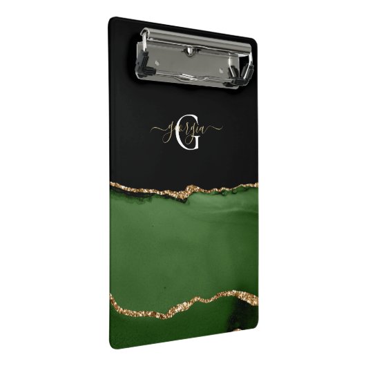Gold-Glitzer und Green-Agate-Monogramm Mini Klemmbrett (Schrägansicht)