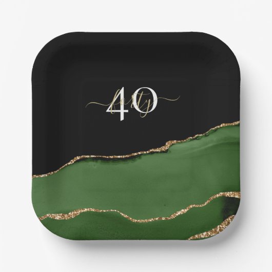 Gold-Glitzer und Green-Agate-Monogramm Pappteller (Vorderseite)