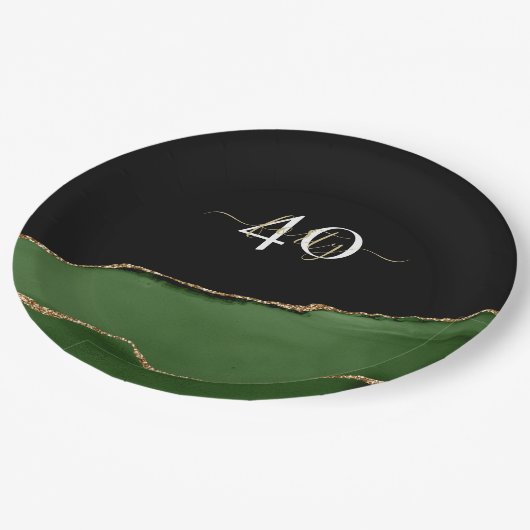 Gold-Glitzer und Green-Agate-Monogramm Pappteller (Schrägansicht)