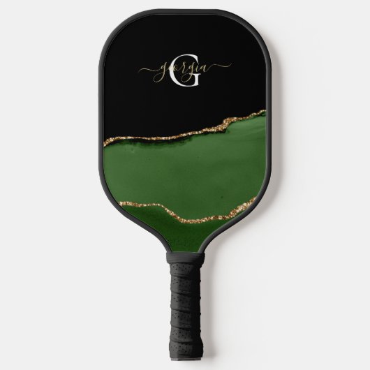 Gold-Glitzer und Green-Agate-Monogramm Pickleball Schläger (Vorderseite)
