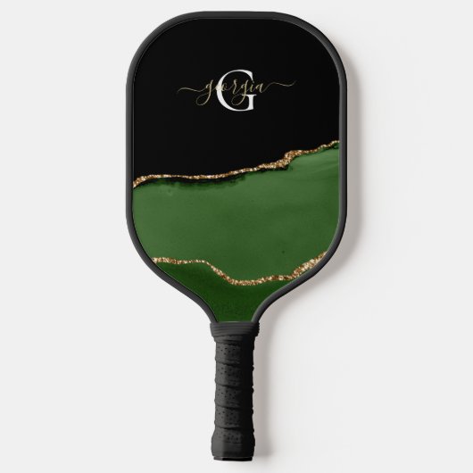 Gold-Glitzer und Green-Agate-Monogramm Pickleball Schläger (Rückseite)