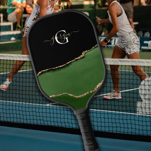 Gold-Glitzer und Green-Agate-Monogramm Pickleball Schläger