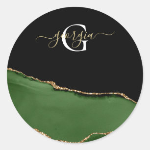 Gold-Glitzer und Green-Agate-Monogramm Runder Aufkleber