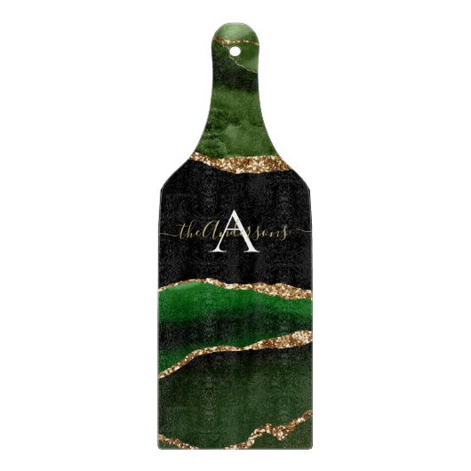 Gold-Glitzer und Green-Agate-Monogramm Schneidebrett (Vorderseite)