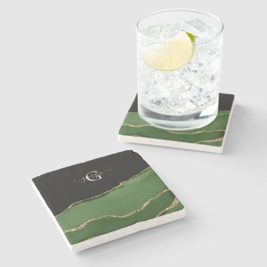 Gold-Glitzer und Green-Agate-Monogramm Steinuntersetzer (Seitenansicht)