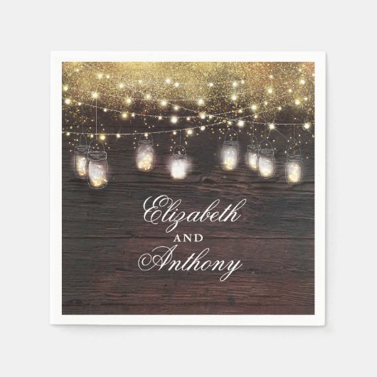 Gold Glitzer und Mason Jar Lights Rustikal Serviette (Vorderseite)