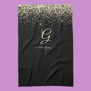 Gold-Glitzer und Monogram-weiße Skriptbezeichnung Geschirrtuch
