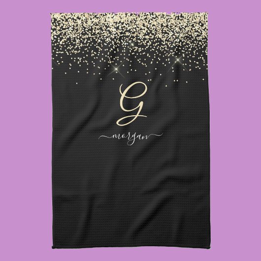 Gold-Glitzer und Monogram-weiße Skriptbezeichnung  Geschirrtuch