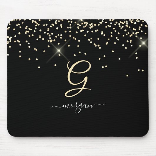 Gold-Glitzer und Monogram-weiße Skriptbezeichnung Mousepad (Vorne)