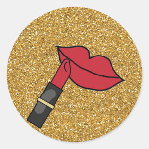 Gold Glitzer und REd Lippen mit Lipstick Runder Aufkleber