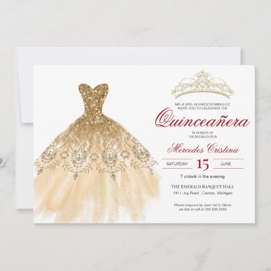 Gold Glitzer und Red Simple Elegante Quinceñera Einladung (Vorderseite)