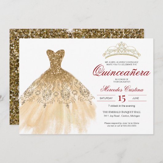 Gold Glitzer und Red Simple Elegante Quinceñera Einladung (Vorne/Hinten)