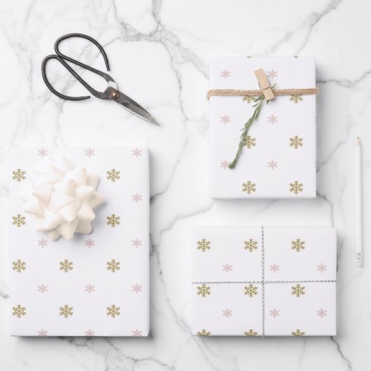 Gold Glitzer und rosa Schneeflocken Weihnachten Geschenkpapier Set (Vorderseite)