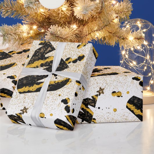 Gold Glitzer und Schwarzes Weihnachtsbaummuster Geschenkpapier (Feiertage)