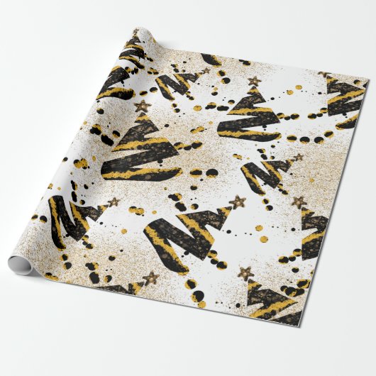 Gold Glitzer und Schwarzes Weihnachtsbaummuster Geschenkpapier (Ungerollt)