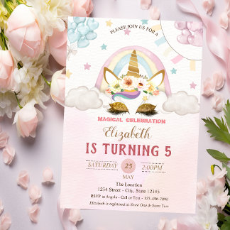 Gold Glitzer Unicorn,Balloons Rose Gold Geburtstag Einladung