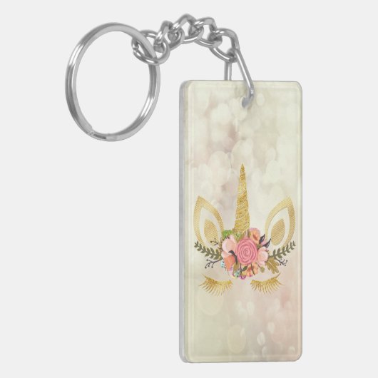 Gold Glitzer Unicorn Face, Bokeh Schlüsselanhänger (Vorderseite links)