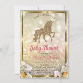Gold Glitzer Unicorn Floral Bokeh Baby Dusche Einladung (Vorderseite)