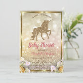 Gold Glitzer Unicorn Floral Bokeh Baby Dusche Einladung (Stehend Vorderseite)