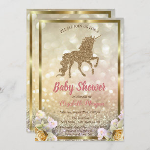 Gold Glitzer Unicorn Floral Bokeh Baby Dusche Einladung