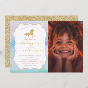 Gold Glitzer Unicorn Foto jedes Alters Geburtstag Einladung