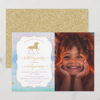 Gold Glitzer Unicorn Foto jedes Alters Geburtstag Einladung