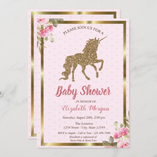 Gold Glitzer Unicorn Polka Dots, Blumenkinderdusch Einladung (Vorne/Hinten)