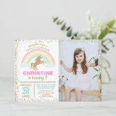 Gold Glitzer Unicorn Rainbow Birthday Foto Einladung (Stehend Vorderseite)