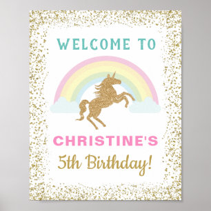 Gold Glitzer Unicorn Rainbow Birthday Willkommensz Poster