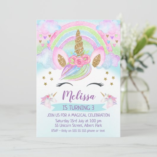 Gold Glitzer Unicorn Rainbow - Einladung zum Gebur (Stehend Vorderseite)