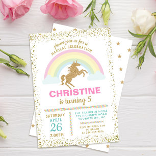 Gold Glitzer Unicorn Rainbow - Einladung zum Gebur